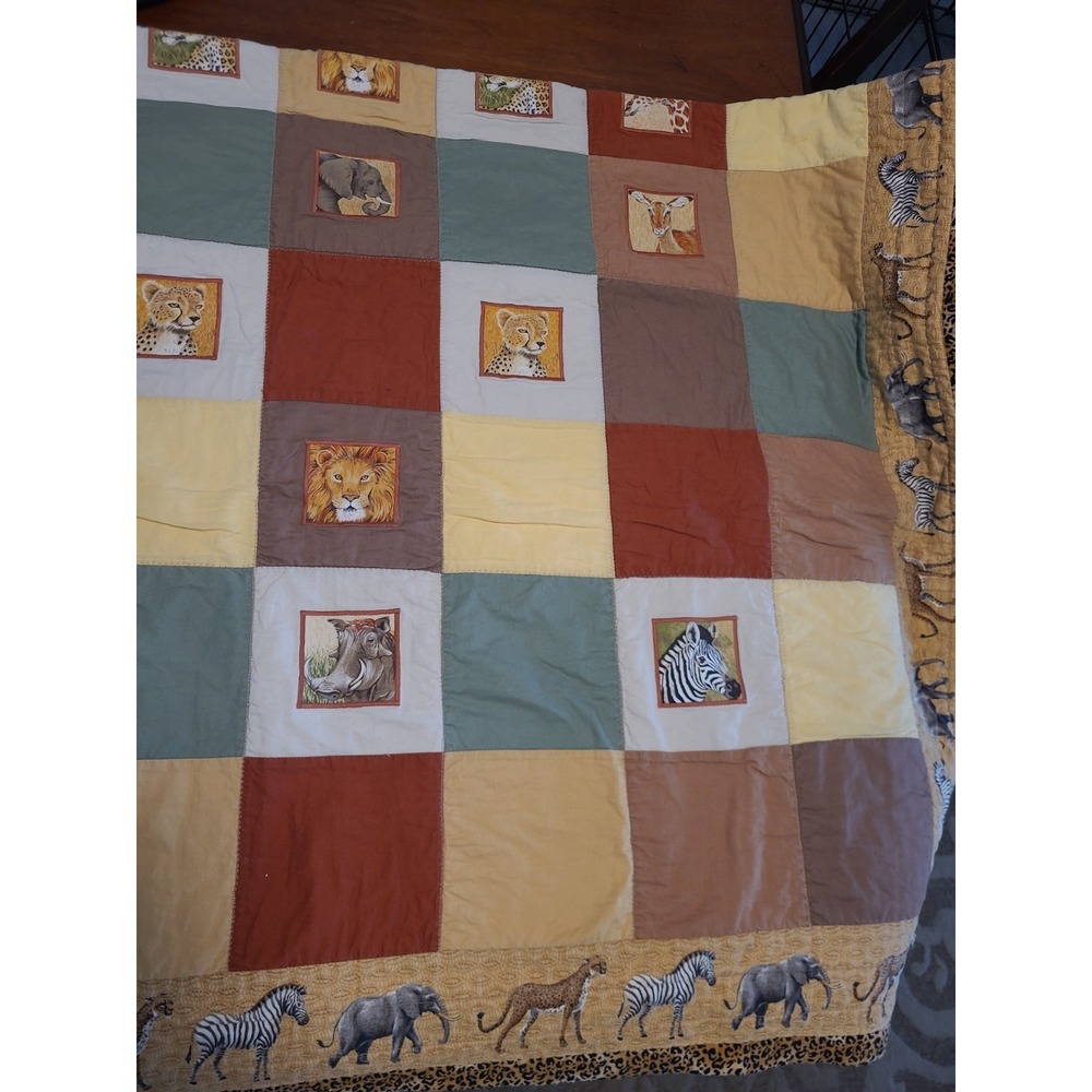 Handmade Quilt African Themed 70x48 Elephants Zebra Lion Cheetah Giraffe
